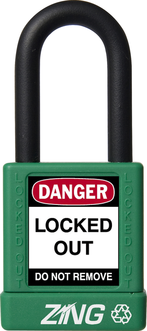 ZING RecycLock Safety Padlock, Keyed Different, 1-1/2" Shackle, 1-3/4" Body, Green