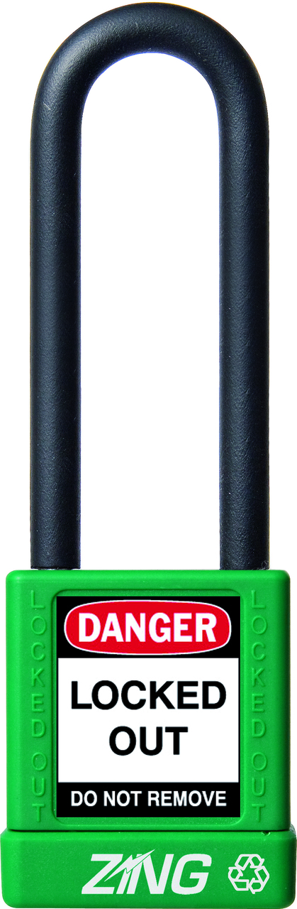 ZING RecycLock Safety Padlock, Keyed Different, 3" Shackle, 1-3/4" Body, Green