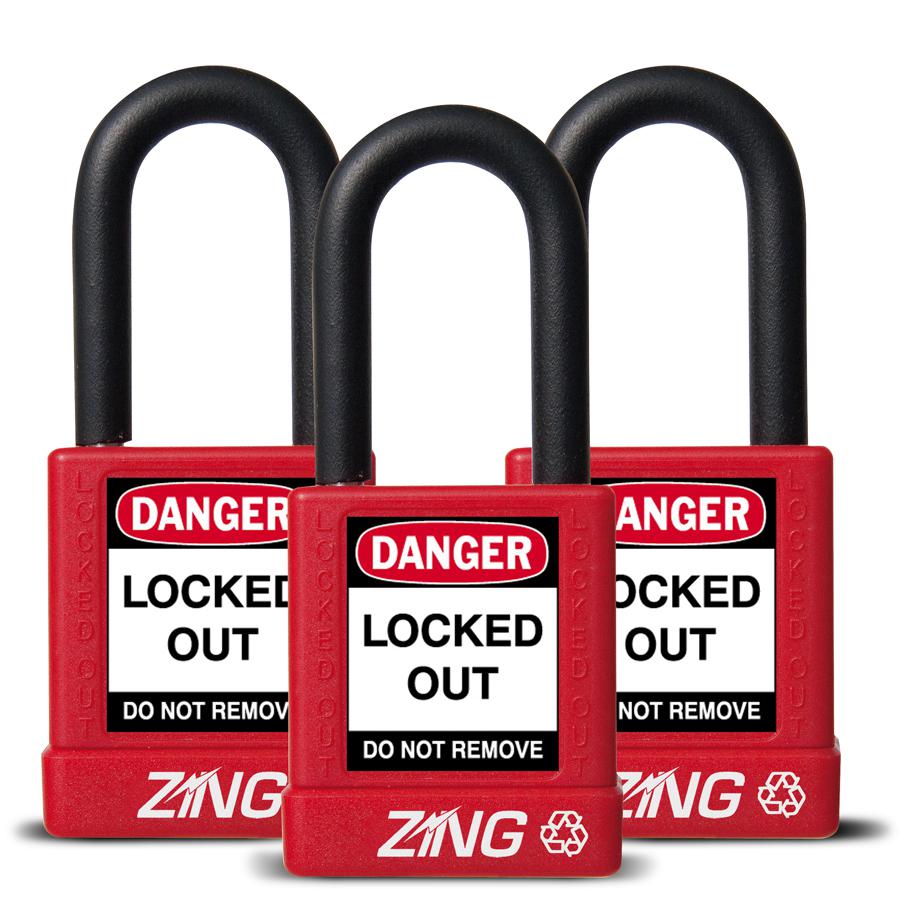ZING RecycLock Safety Padlock, Keyed Alike,1-1/2" Shackle, 1-3/4" Body, Red, 3 Pack