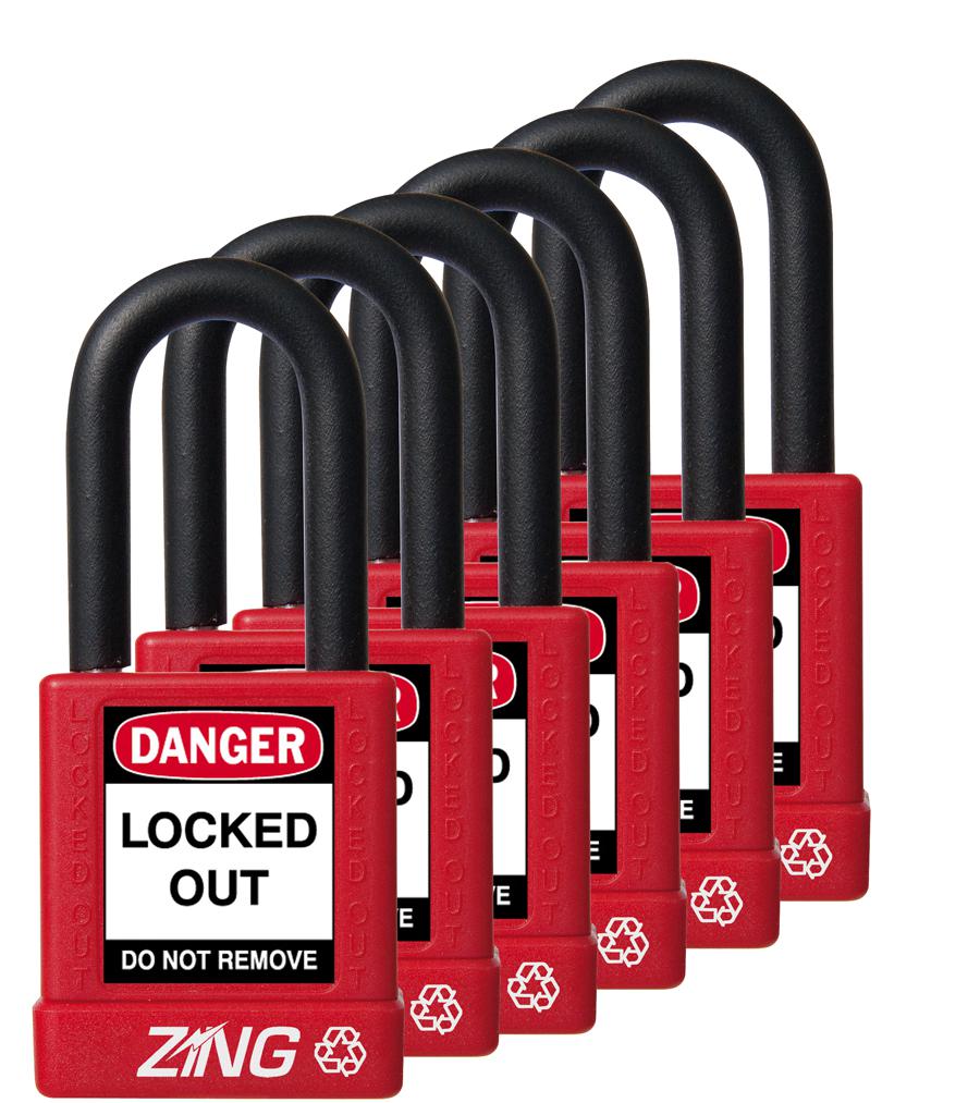 ZING RecycLock Safety Padlock, Keyed Alike,1-1/2" Shackle, 1-3/4" Body, Red, 6 Pack