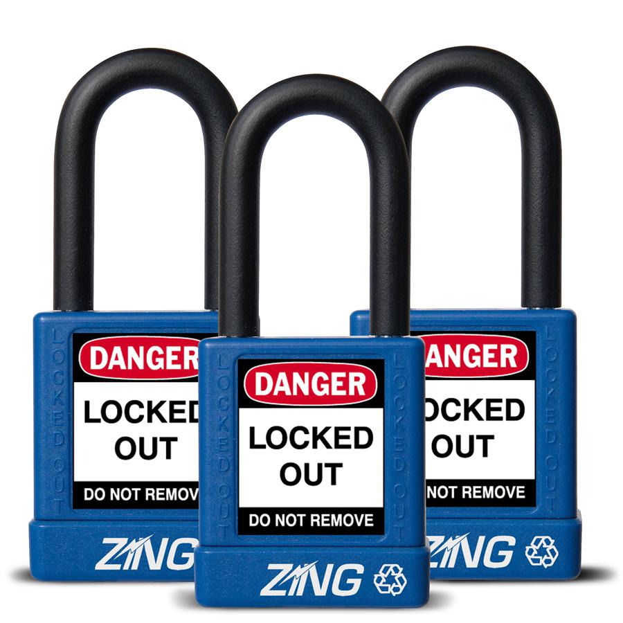ZING RecycLock Safety Padlock, Keyed Alike,1-1/2" Shackle, 1-3/4" Body, Blue, 3 Pack