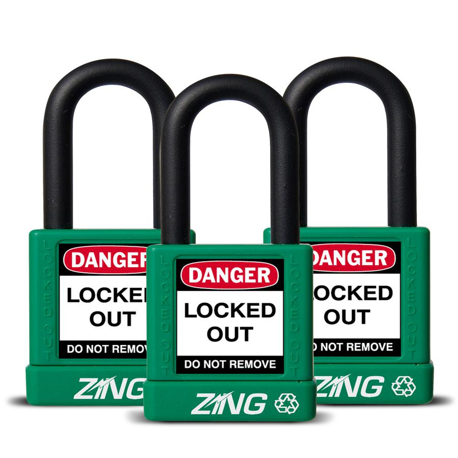 ZING RecycLock Safety Padlock, Keyed Alike,1-1/2" Shackle, 1-3/4" Body, Green, 3 Pack