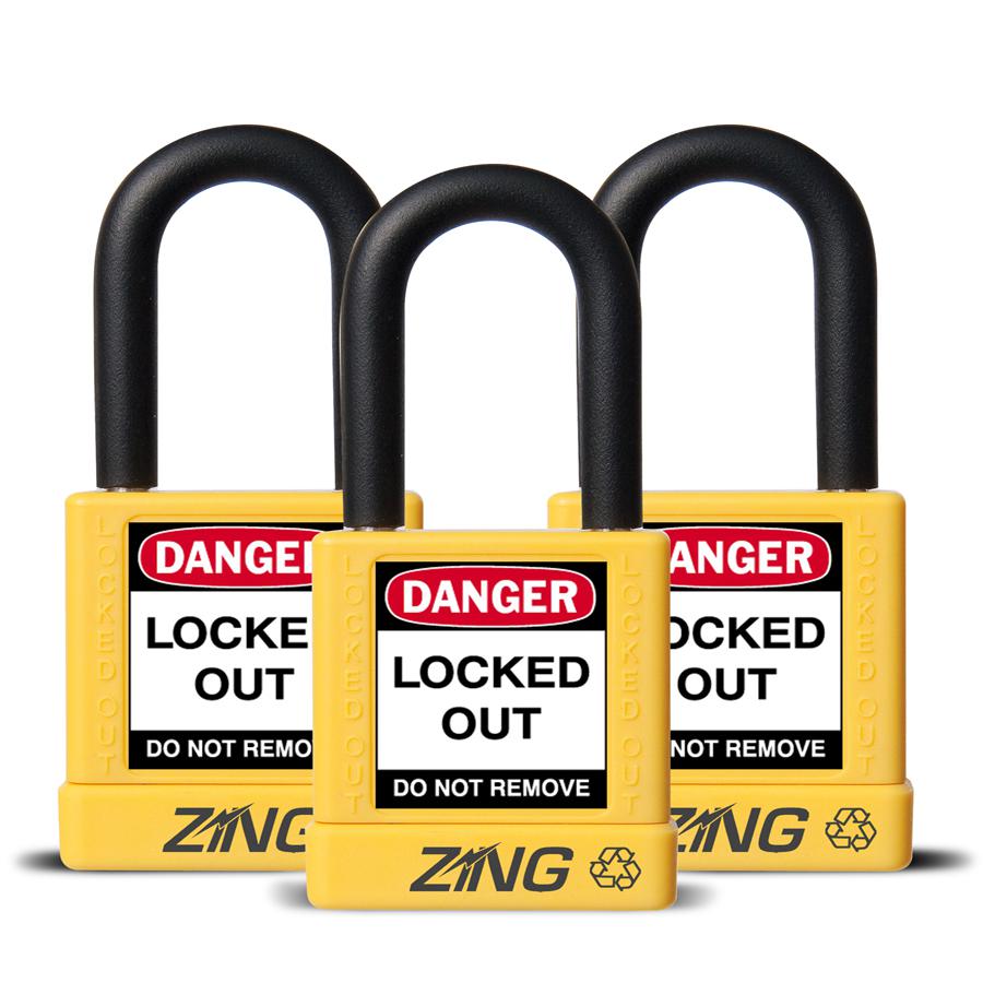 ZING RecycLock Safety Padlock, Keyed Alike,1-1/2" Shackle, 1-3/4" Body, Yellow, 3 Pack