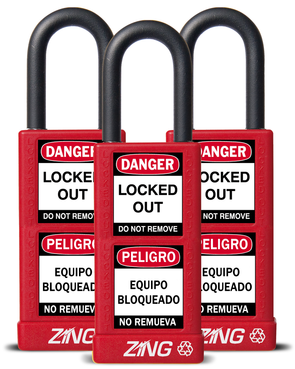 ZING RecycLock Safety Padlock, Keyed Alike,1-1/2" Shackle, 3" Long Body, Red, 3 Pack